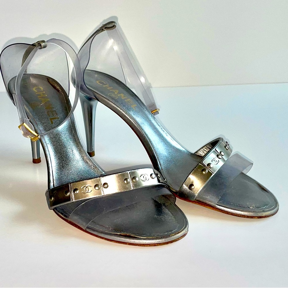 Chanel shoes. Silver and clear straps.